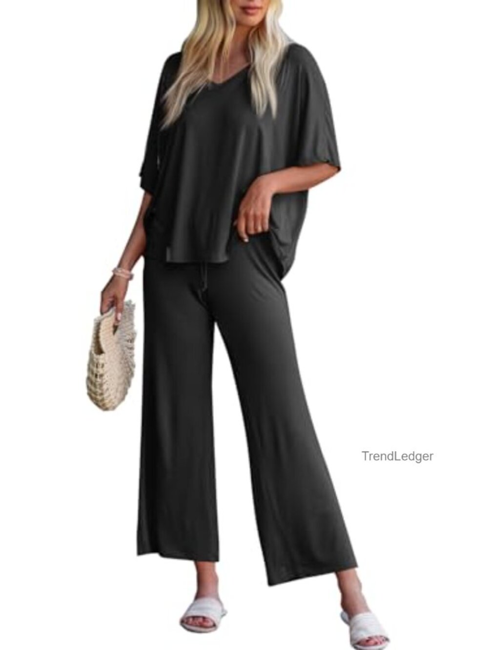 2 Piece Lounge Set Wide Leg Crop Pants Short Sleeve V Neck Tee